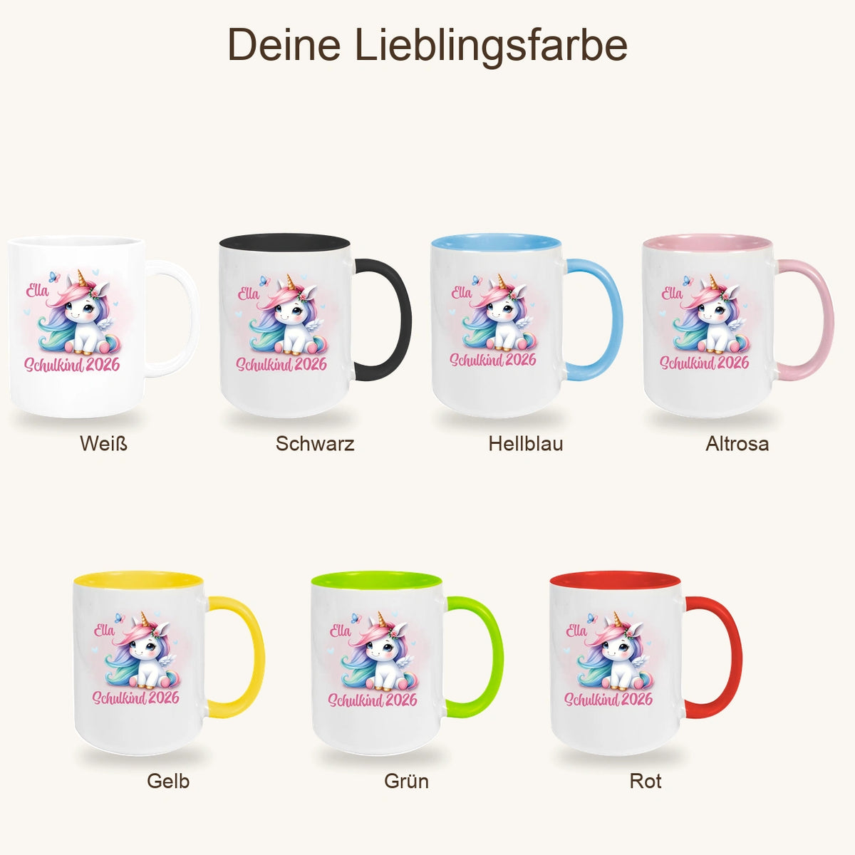 MUCKKI-PRO:6859c8d3e1ee2d95abddb5382ad81625cc38a719889db97e8c257e0acdb20638:Tasse Schulkind 09 Wunschname Einhorn 2 Keramik Kinderbecher Personalisiert versch. Farben