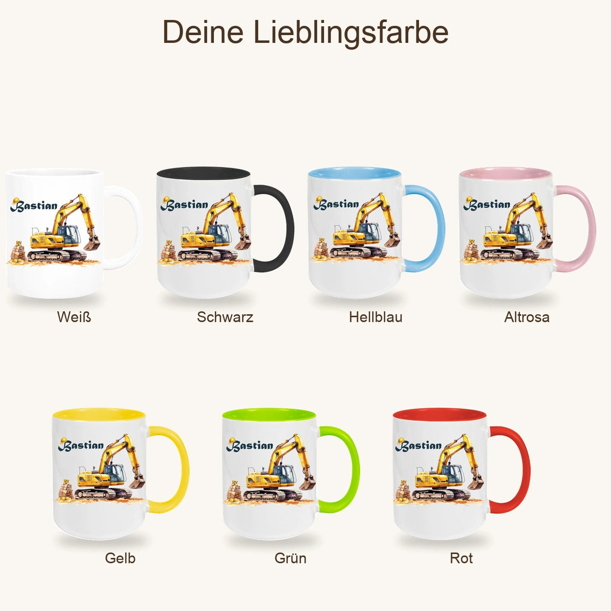 Tasse Wunschname Baustelle Bagger Keramik Kinderbecher versch. Farben