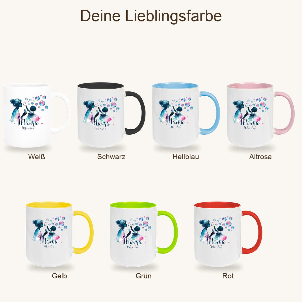 MUCKKI-PRO:08d332299ca08658c981a3d2c975469e2ba9e46a25c2c883935927e7efd0bff5:Tasse Muttertag 10 Wunschnamen Keramik Personalisiert versch. Farben