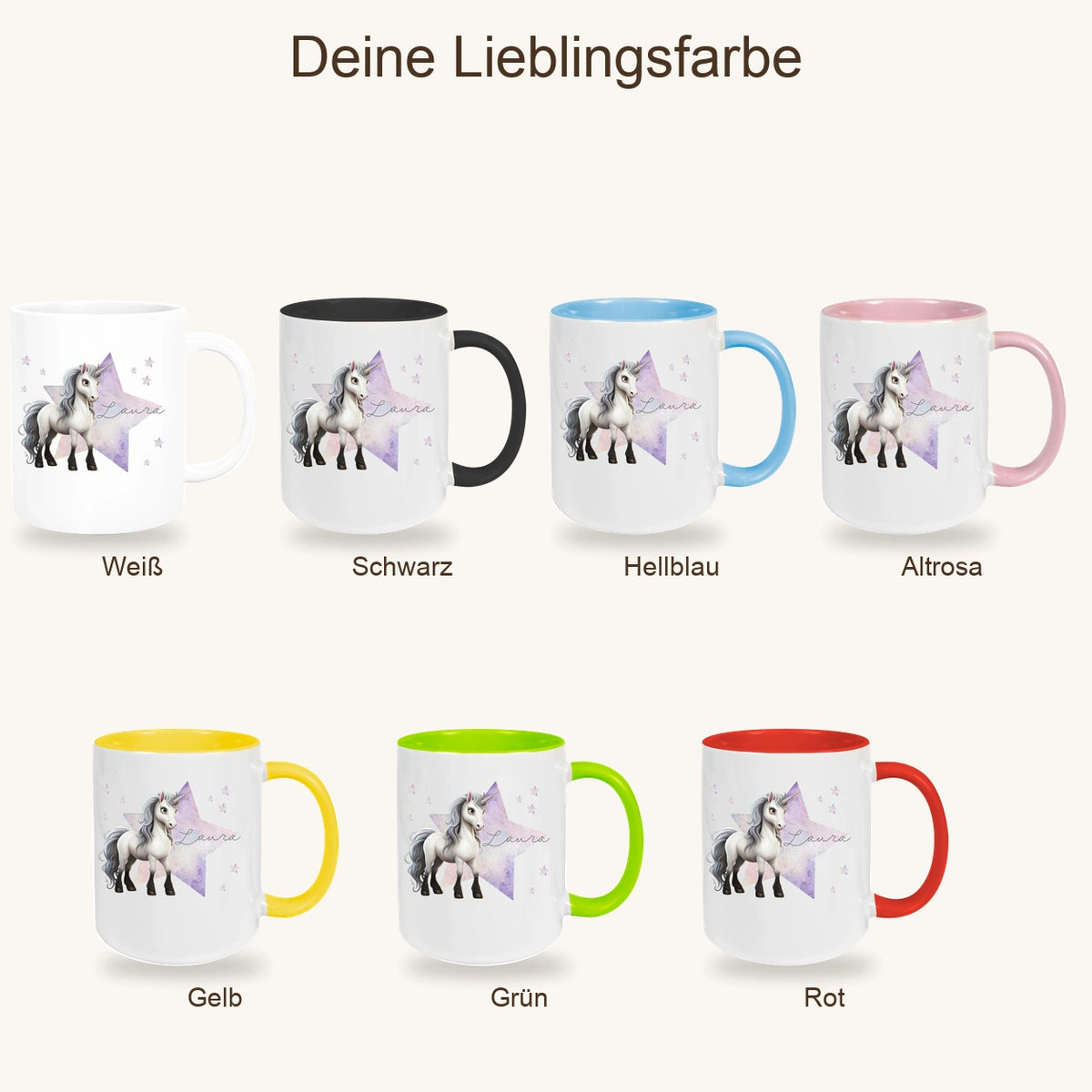 Tasse Wunschname Einhorn Stern 1 Keramik Kinderbecher versch. Farben