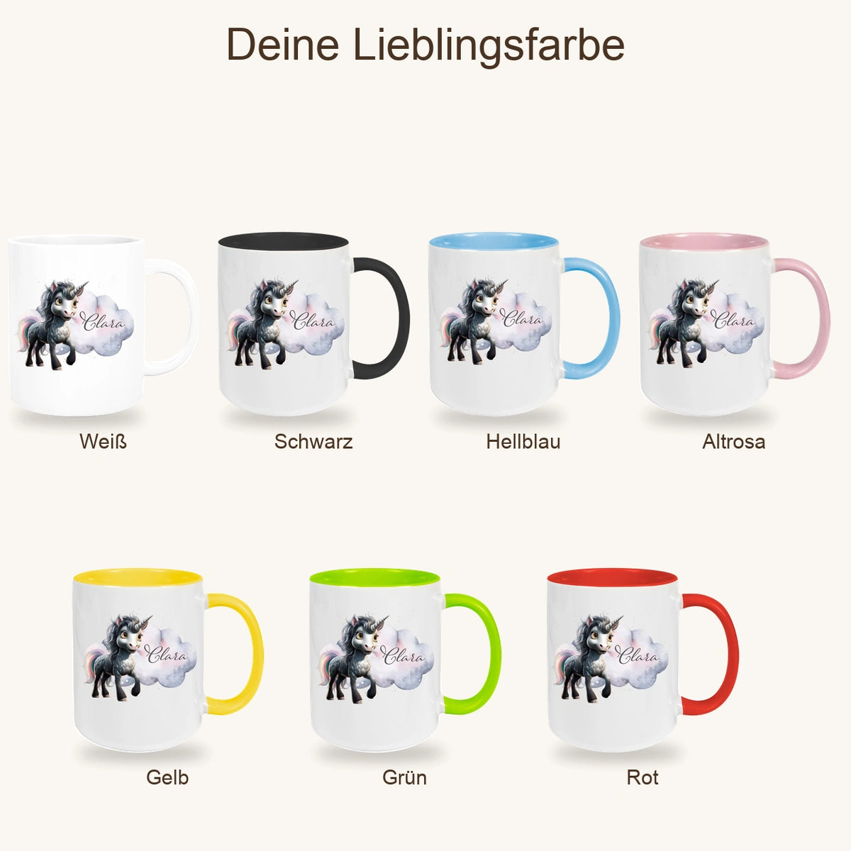 MUCKKI-PRO:9fa7d353979f535bd1a4853dade3ba9eb799562338c20f00f1e07409afce8fd3:Tasse Einhorn 7 Wunschname Keramik Kinderbecher personalisiert versch. Farben
