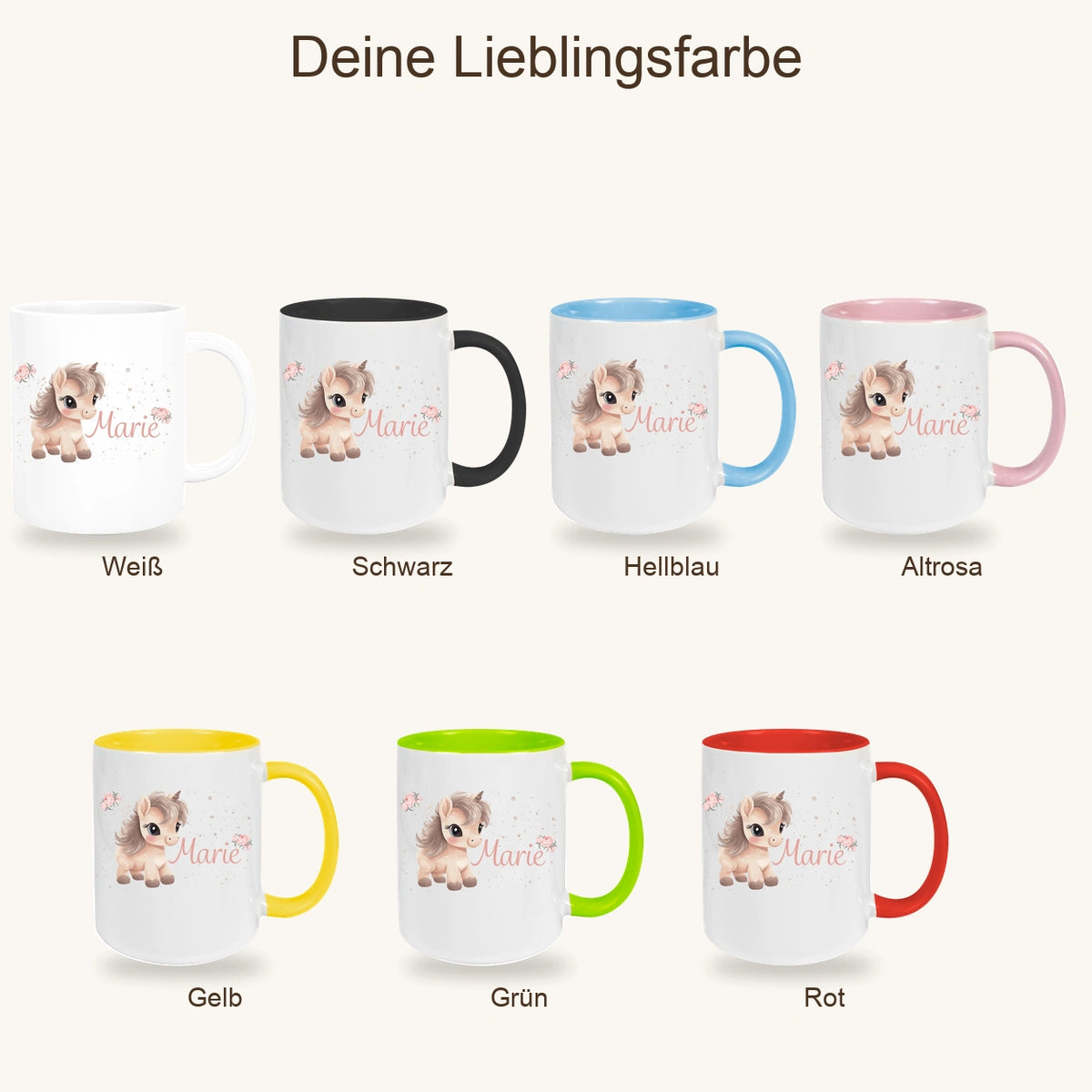 Tasse Einhorn 8 Wunschname Keramik Kinderbecher personalisiert versch. Farben