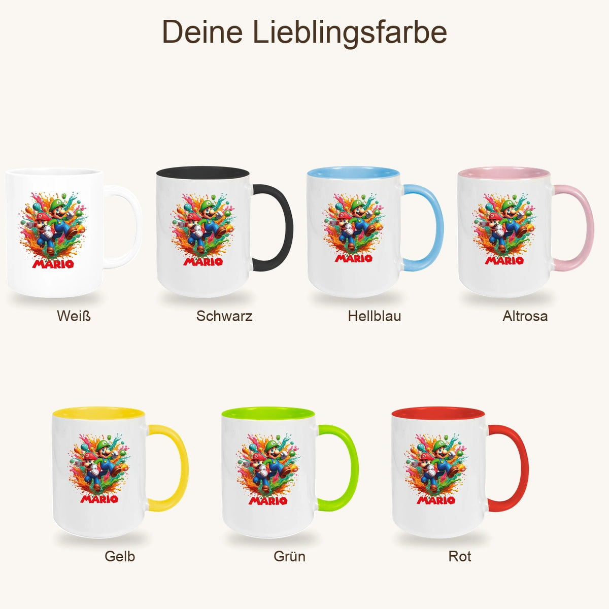MUCKKI-PRO:eebeb9565f72a16ea7f5ccac31a20649756909342427006f9ba2b06c1ebff194:Tasse Wunschname Super-Mario 4 Keramik Kinderbecher personalisiert versch. Farben