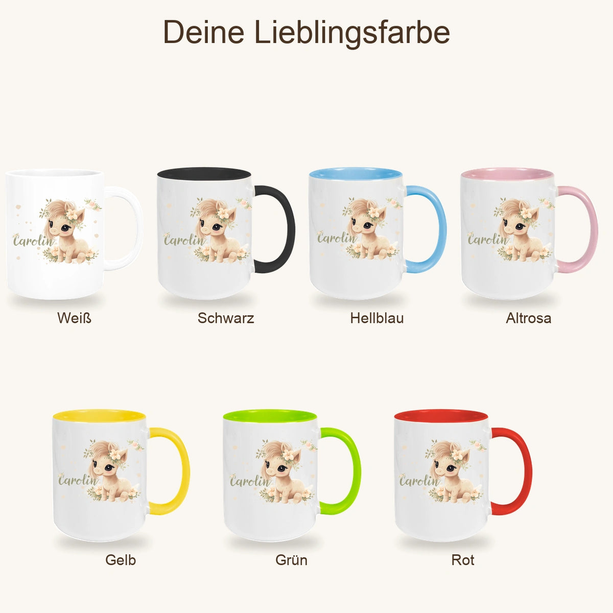 MUCKKI-PRO:37f15d71c6179b359673a85df0eeefb6c5e49a294b9fc7c7b794e9c49a150d74:Tasse Pferd 5 Wunschname Keramik Kinderbecher personalisiert versch. Farben