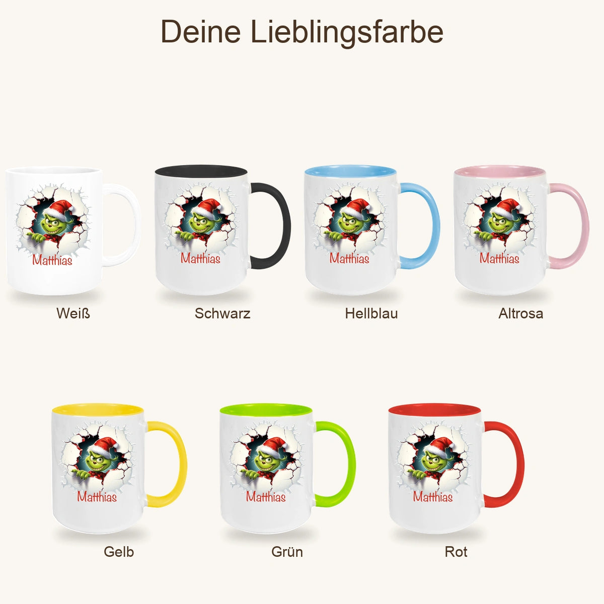 MUCKKI-PRO:e6d363eb41bddc3d3f3dc4c21342107b9a6e8b96a13e1099b0cf3858e9c8542f:Tasse Wunschname Weihnachten Grinch 8 Keramik Kinderbecher versch. Farben
