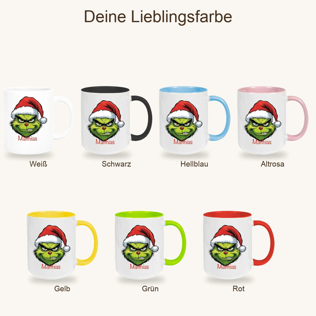 Tasse Wunschname Weihnachten Grinch 9 Keramik Kinderbecher versch. Farben
