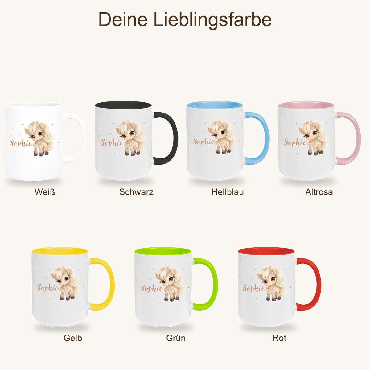 MUCKKI-PRO:41dbec61f93e97ba1ec5672620a1b246f7d45b7436b63bc1322d88379cabf481:Tasse Pferd 8 Wunschname Keramik Kinderbecher personalisiert versch. Farben