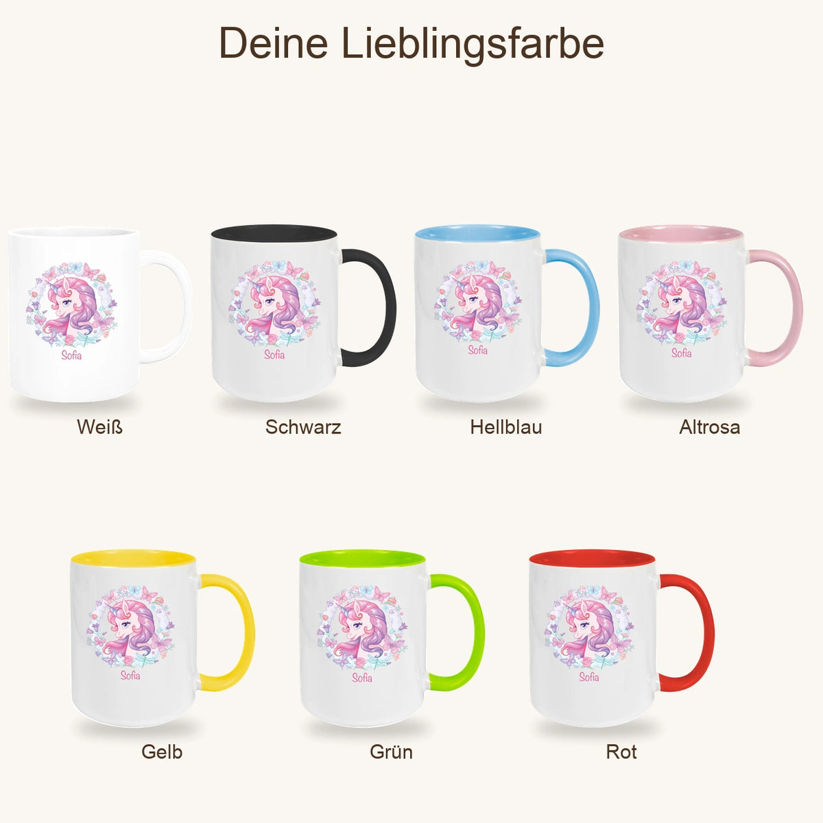 MUCKKI-PRO:0499f7a621a3ed569ed07d58deb62bf4f305209b1f01bb5316d7fc9473c80c92:Tasse Wunschname Einhorn 1 Keramik Kinderbecher personalisiert versch. Farben