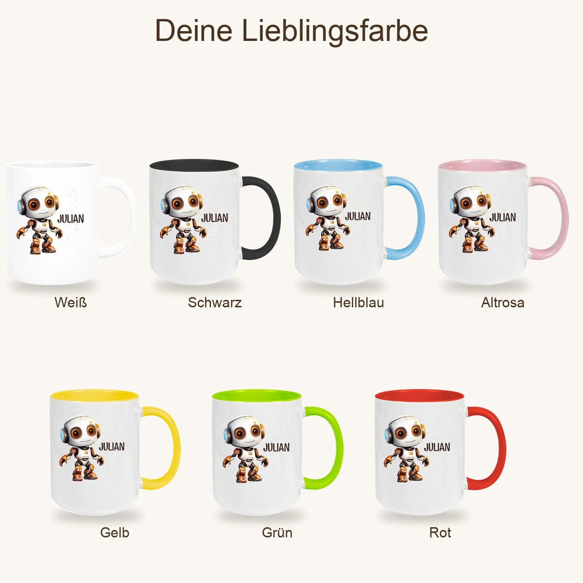 MUCKKI-PRO:4acf4f3cfde11db6d0088f9e4a60ed2a09d492898a29bf073f3025dc257ac072:Tasse Wunschname Roboter 3 Keramik Kinderbecher versch. Farben