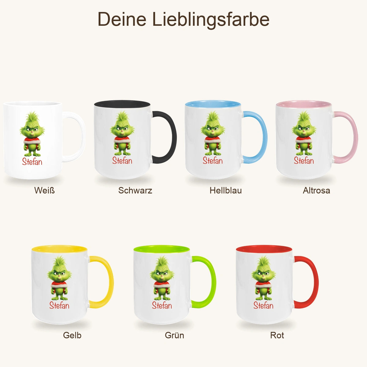 MUCKKI-PRO:5567e8b12761ca3a36fbdc2e24613d81fb612b34332fa4865bbccc52adf3a850:Tasse Wunschname Weihnachten Grinch 1 Keramik Kinderbecher versch. Farben