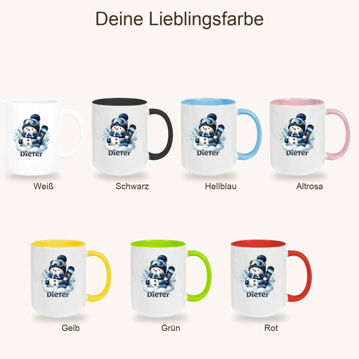 MUCKKI-PRO:1571a67c4598086c90d2ff789fd692bee00727f6181b6845e59fa13b3eb9403b:Tasse Wunschname Weihnachten Schneemann 6 Keramik Kinderbecher versch. Farben