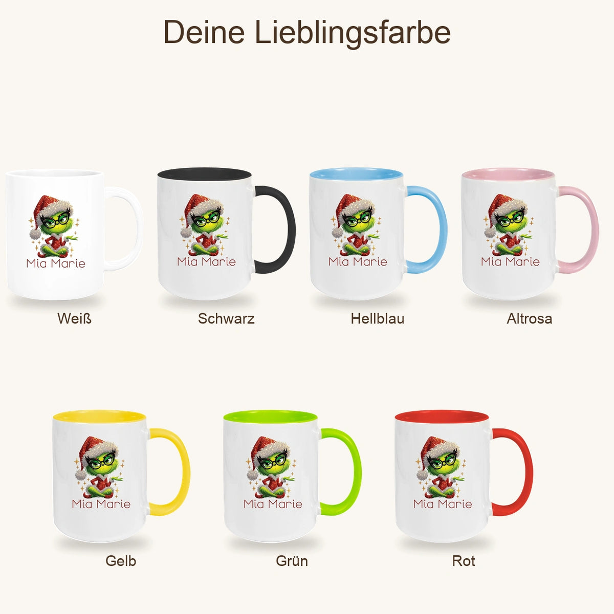 MUCKKI-PRO:86eb4bfe0f9d75831d4f1f2651bc12ade634ee7723170faaeca5e3a27e42b0ed:Tasse Wunschname Weihnachten Lady-Grinch 4 Keramik Kinderbecher versch. Farben