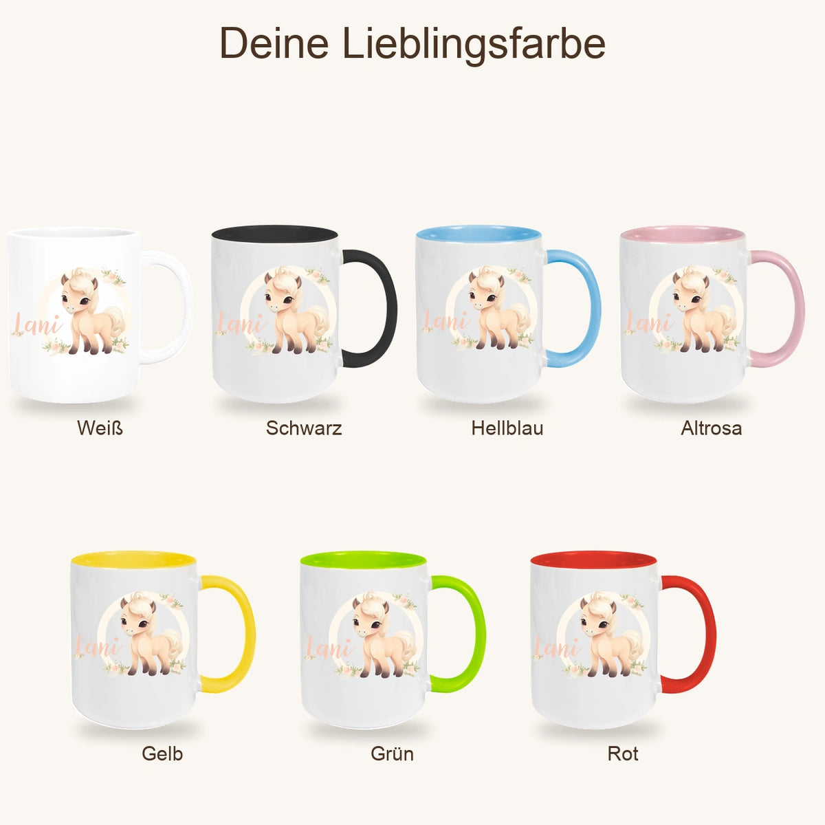 Tasse Pferd 4 Wunschname Keramik Kinderbecher personalisiert versch. Farben