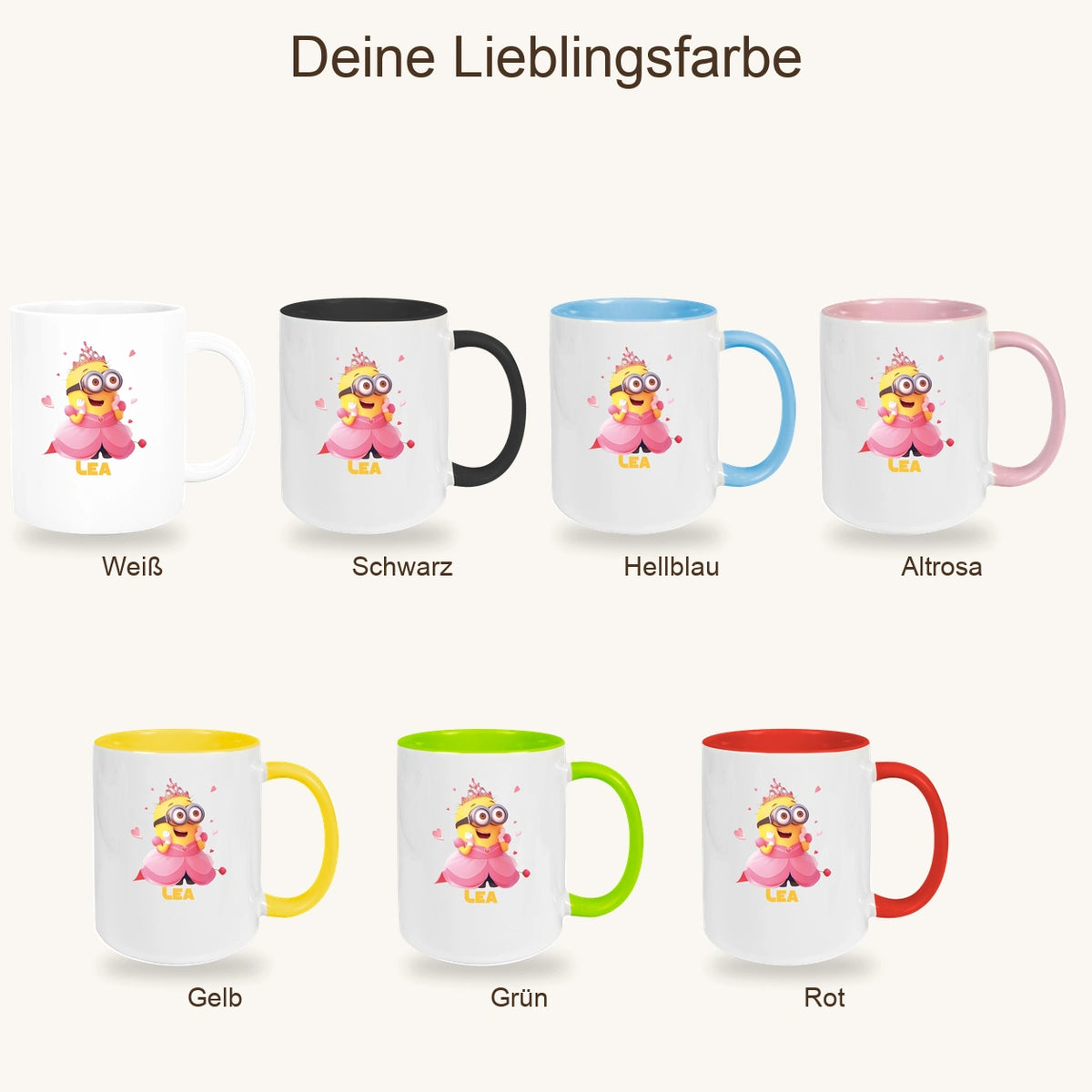 MUCKKI-PRO:0007af83da55b0442f20de476bd9dd4a6ef6e25061a15e17b71e731f8fc0efa1:Tasse Minions Kinder Minion 7 Prinzessin Wunschname Keramik Kinderbecher personalisiert versch. Farben