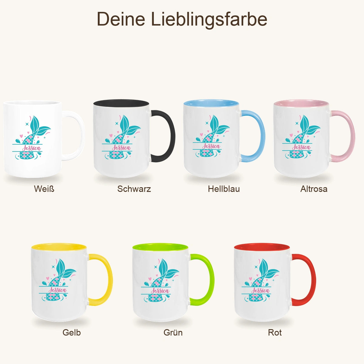 Tasse Meerjungfrau-Flosse 1 Wunschname Keramik Kinderbecher personalisiert versch. Farben