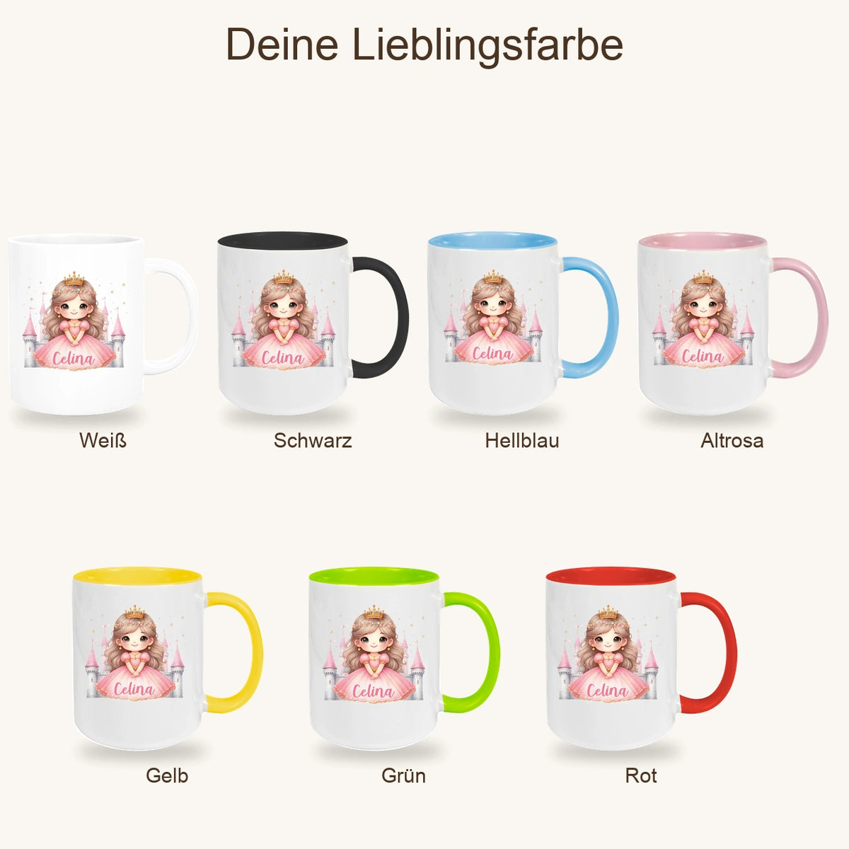 MUCKKI-PRO:935b866b76665180f997fd876632b6b7b113ac2ea2f767194ff4d8ffdf0678a4:Tasse Kinder Prinzessin 3 Wunschname Keramik Kinderbecher personalisiert versch. Farben
