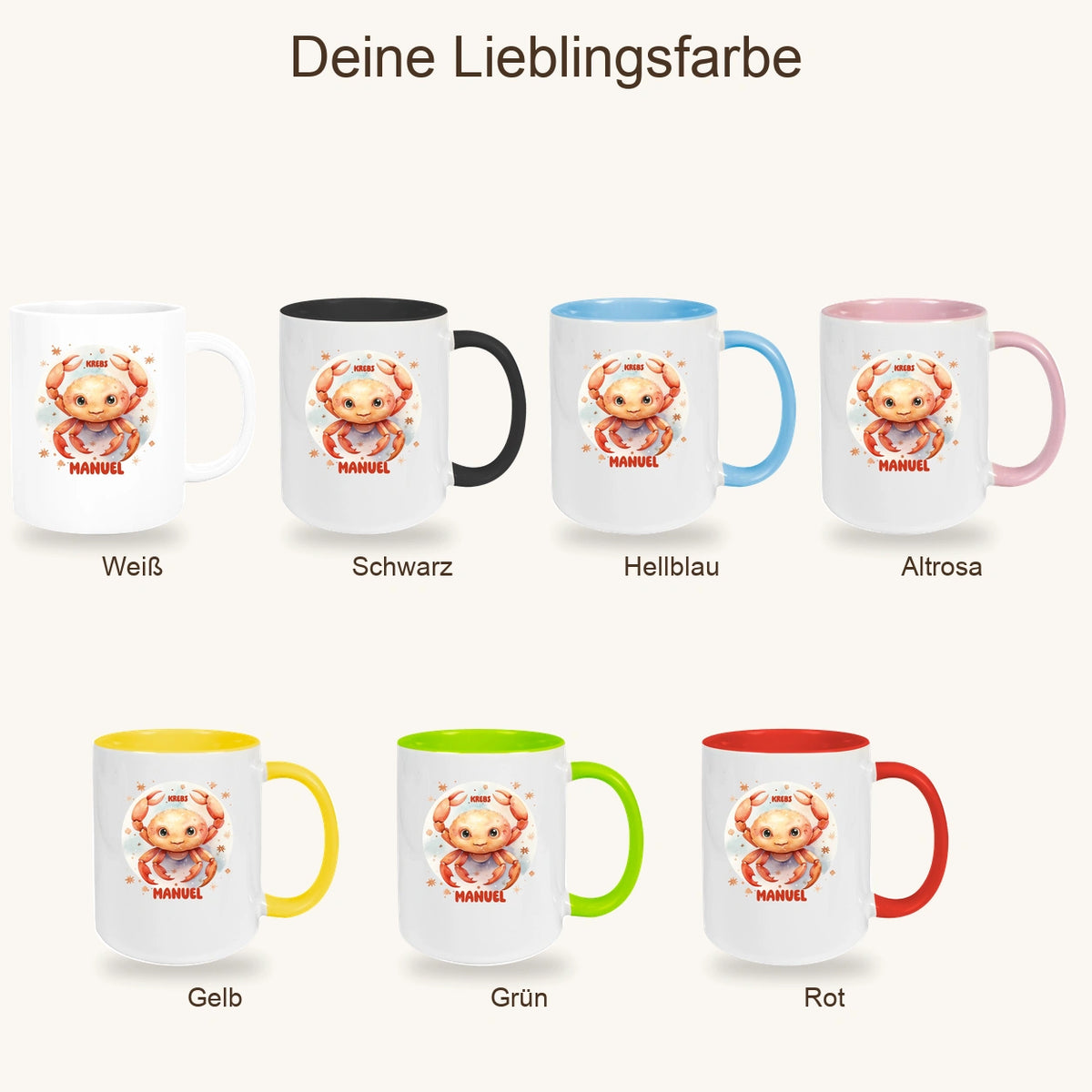 MUCKKI-PRO:0c9aba89467d8c9ac2d3ac8e9086b92df061d66aa55f099434e1a57bfc28d41b:Tasse Sternzeichen Kinder Krebs 1 Wunschname Keramik Kinderbecher personalisiert versch. Farben