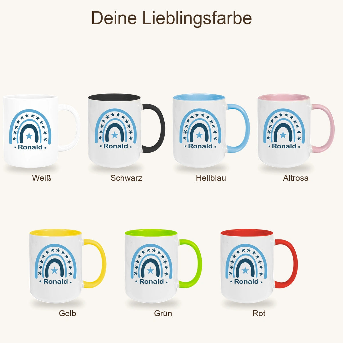 Tasse Wunschname Regenbogen 3 Keramik Kinderbecher versch. Farben