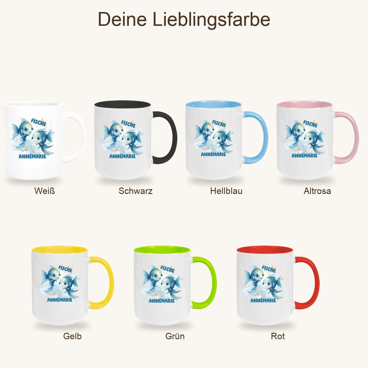 MUCKKI-PRO:0bab96bdbe7a49a420289ada8e92cf281b9af24bc394f05f1de002a28229b372:Tasse Sternzeichen Kinder Fische 1 Wunschname Keramik Kinderbecher personalisiert versch. Farben