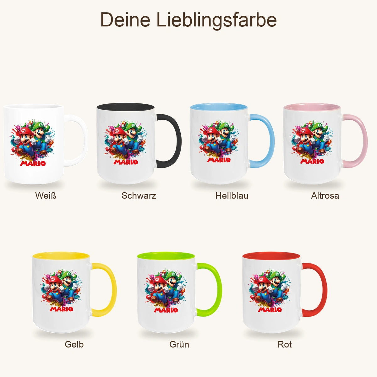 MUCKKI-PRO:34367895bec2dcb541989fbc052ee13fa87de1dc092e4232e3a211b14b481581:Tasse Wunschname Super-Mario 3 Keramik Kinderbecher personalisiert versch. Farben
