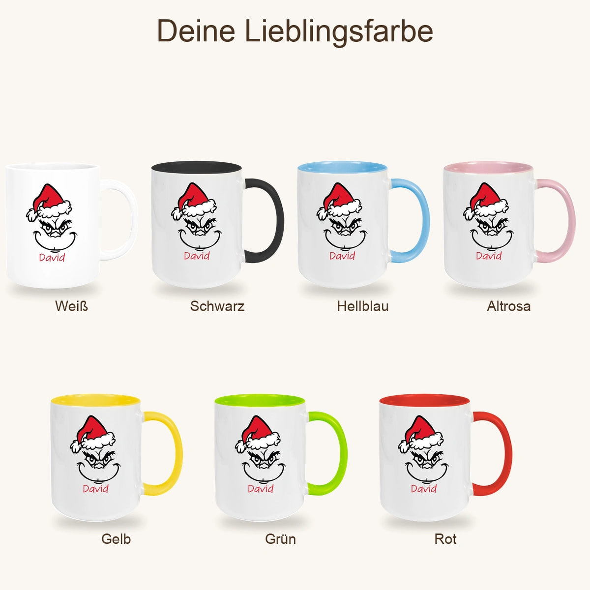 MUCKKI-PRO:31775099e53ec081982b06dea5b0cddfb0e647ce8a2800ca806881333f8bf4a3:Tasse Wunschname Weihnachten Grinch 11 Keramik Kinderbecher versch. Farben