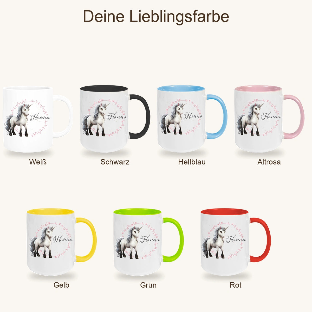 MUCKKI-PRO:0b0029c44d311d294aa13e5a0cade5a503dc6f98484133779758e9ce6e6ef00b:Tasse Einhorn 6 Wunschname Keramik Kinderbecher personalisiert versch. Farben