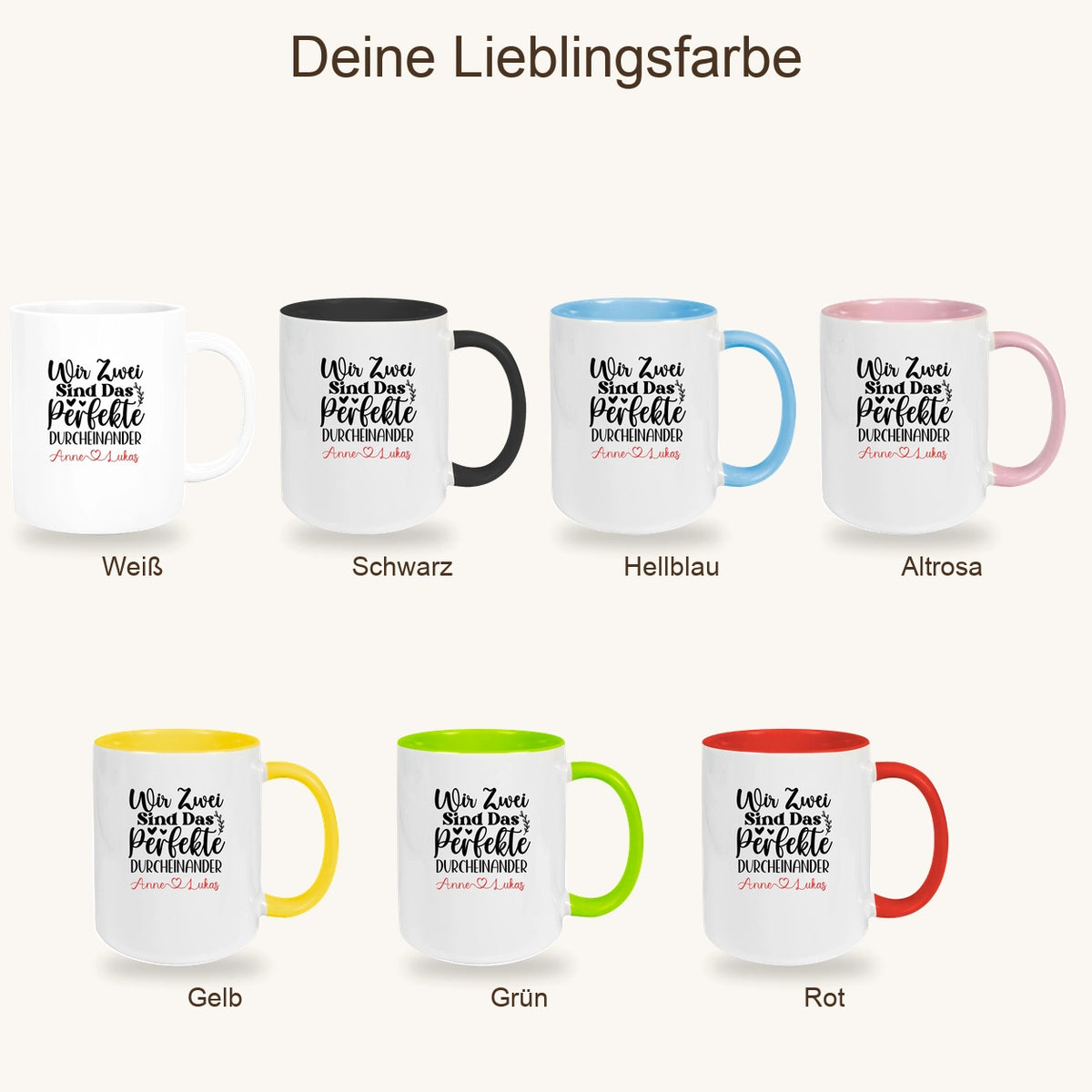 Tasse Liebe - "Wir Zwei sind das perfekte Durcheinander" Valentinstag Wunschnamen Keramik personalisiert versch. Farben