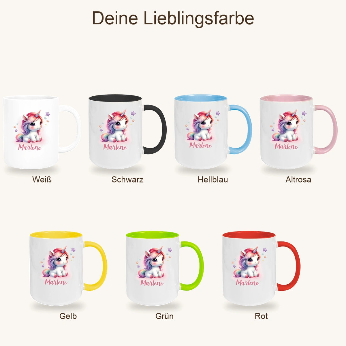 MUCKKI-PRO:fada030507f1e9e197d9e54b521d10e250b8a9a127b271809a736c258de22f78:Tasse Einhorn 10 Wunschname Keramik Kinderbecher personalisiert versch. Farben