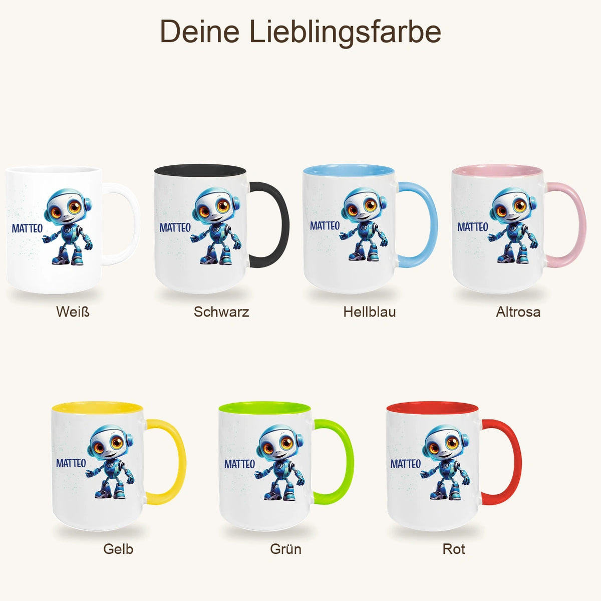 MUCKKI-PRO:2c5f79c0a1a9740c18840733f52b04b8081db067c4774beb7cca250735cc48d8:Tasse Wunschname Roboter 2 Keramik Kinderbecher versch. Farben