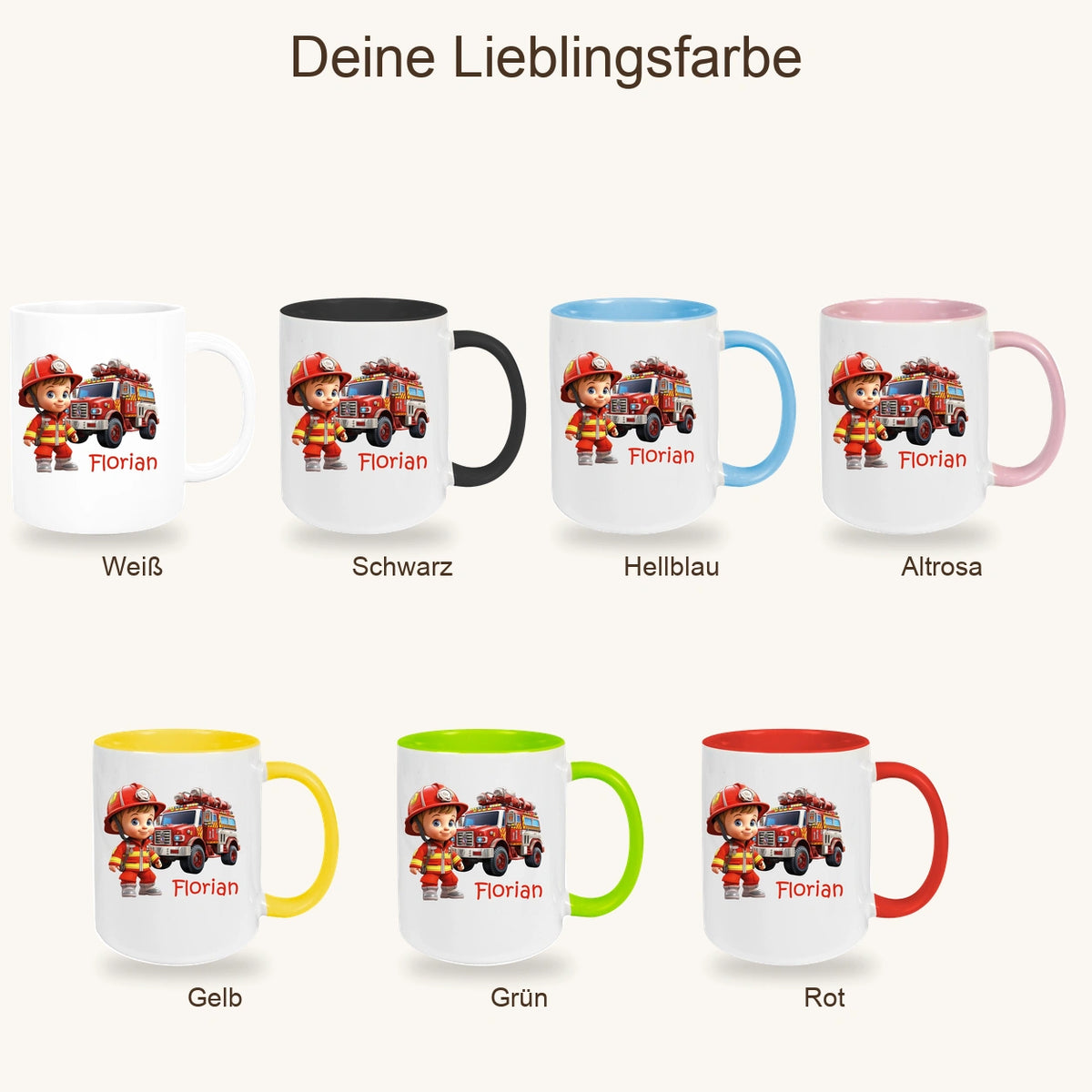 Tasse Wunschname Feuerwehr 2 Keramik Kinderbecher versch. Farben