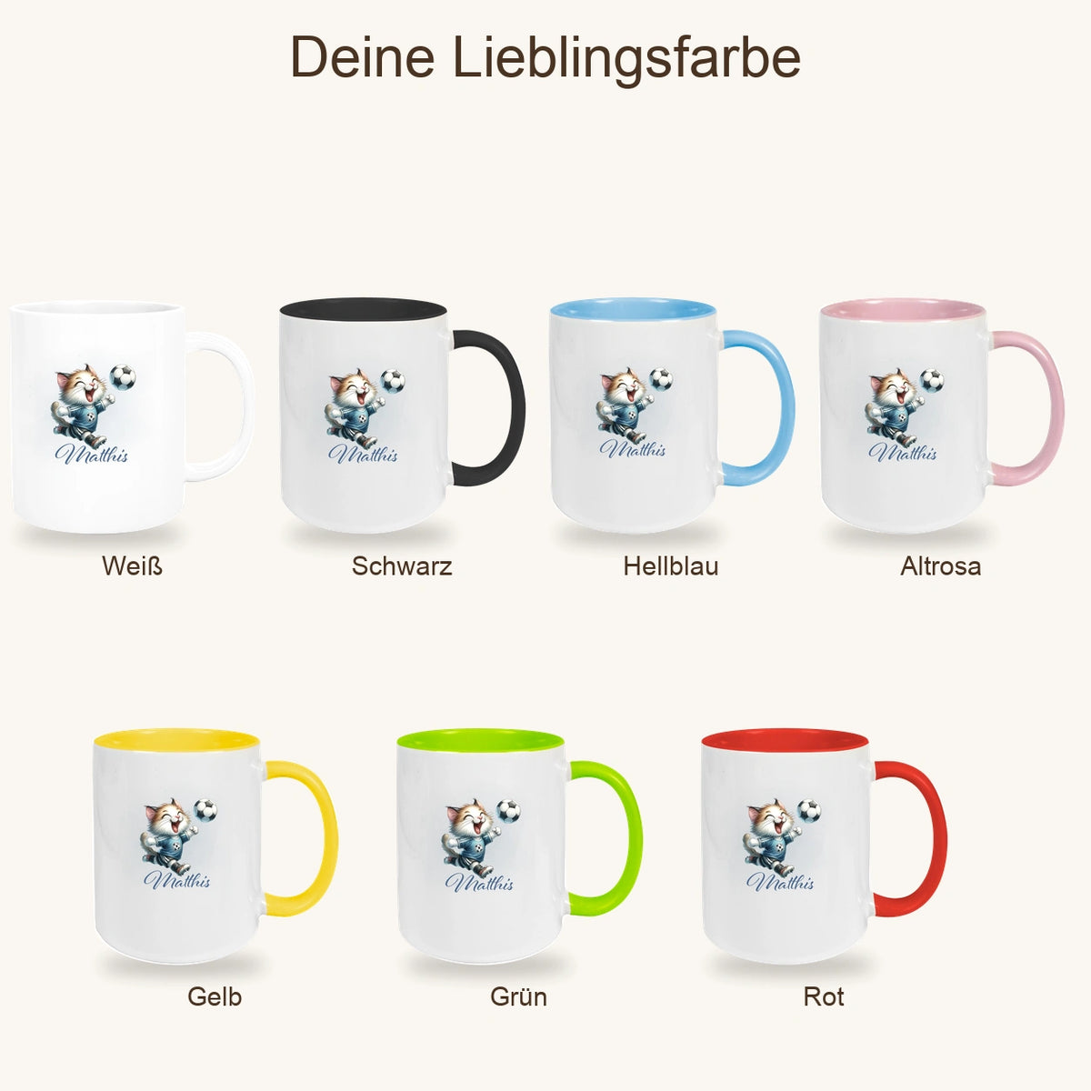 MUCKKI-PRO:1e6ced0c9f6a93c62980d3d88e1724e728d4924bcd77c62048fc1dbeb94a169d:Tasse Wunschname Fußball 18 Personalisiert Katze Keramik Kinderbecher versch. Farben