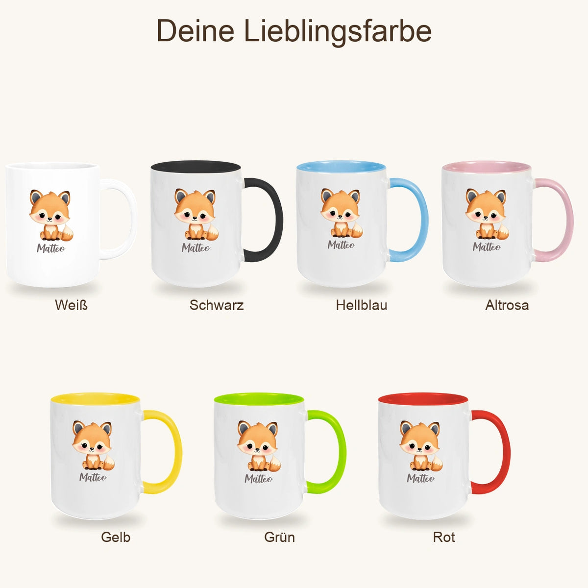 MUCKKI-PRO:71bb9f33299829d5056fbcaf3004586b685d4e09947e177d5146117c8cabaedf:Tasse Wunschname Fuchs 1 Keramik Kinderbecher versch. Farben
