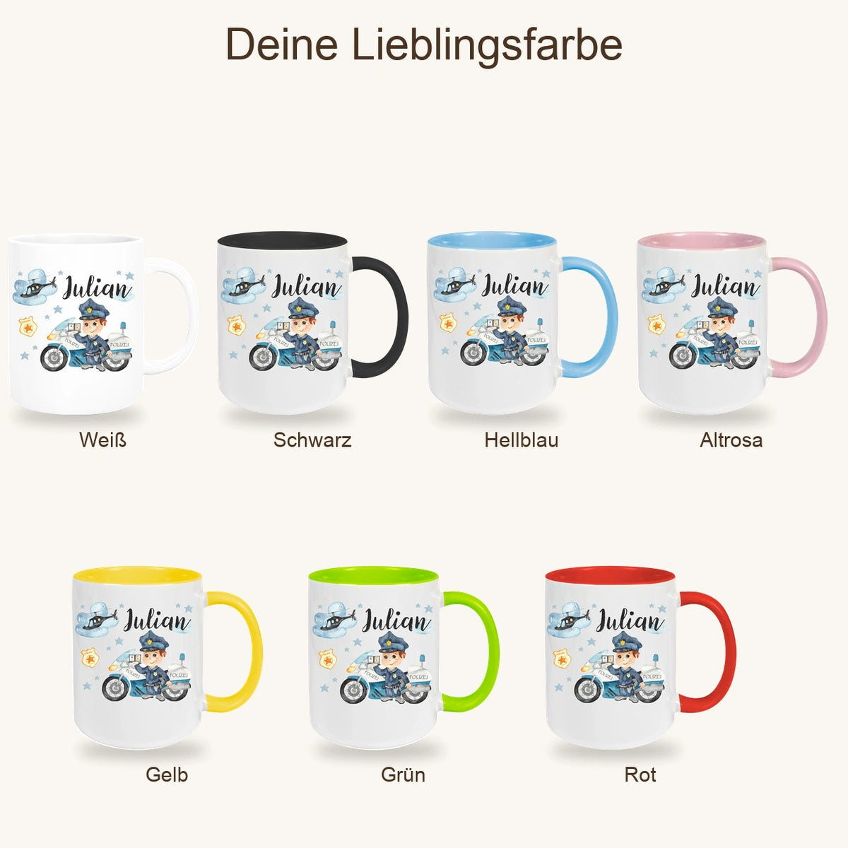 Tasse Polizei 2 Wunschname Keramik Kinderbecher personalisiert versch. Farben