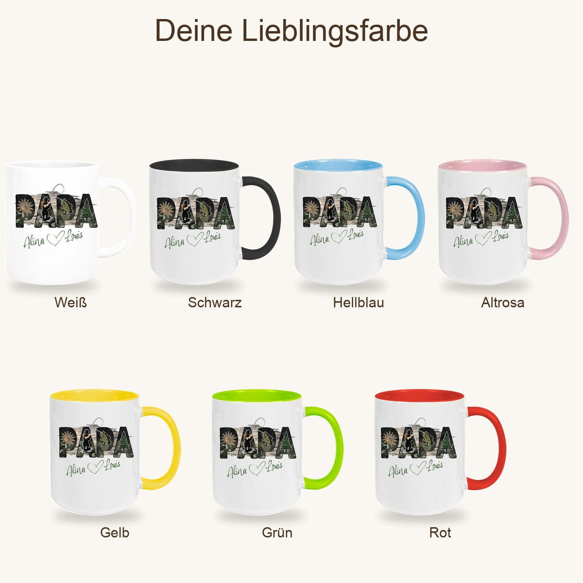 MUCKKI-PRO:e701aa23f608e8e958f0a91028015a7a43ec9965c59575e0f0ebe3c11e27dcd0:Tasse Vatertag 6 "Angler" Wunschnamen Keramik Personalisiert versch. Farben