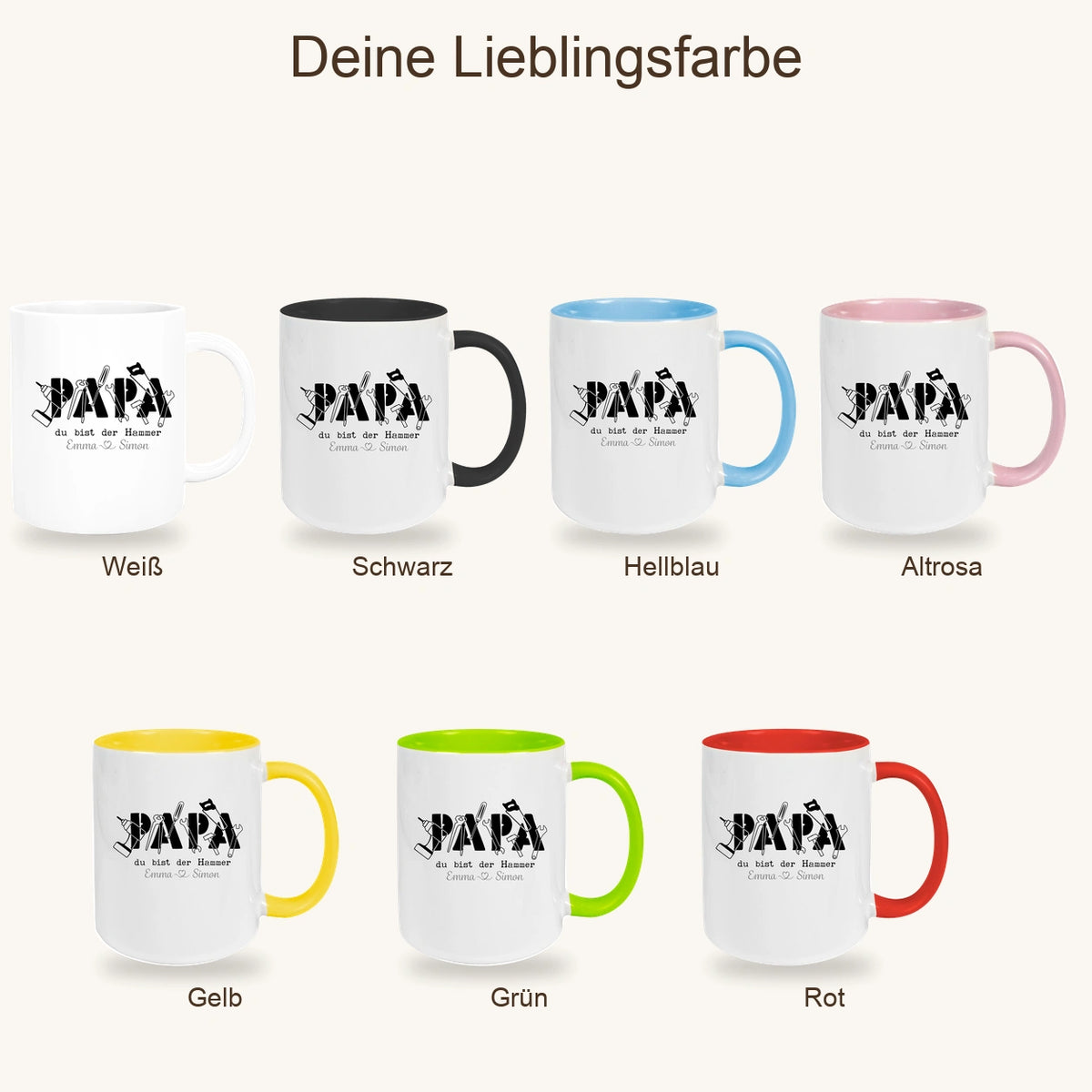 MUCKKI-PRO:6023bc5486987df00e7e3c1bc77e11846f7473a265c69f9eb8b9510ab6496c8d:Tasse Vatertag 9 Papa, "Du bist der Hammer" Wunschnamen Keramik Personalisiert versch. Farben