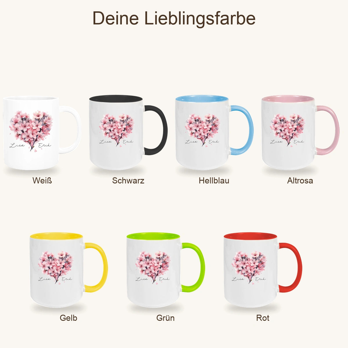 Tasse Liebe - Kirschblüten-Herz Valentinstag Wunschnamen Keramik personalisiert versch. Farben