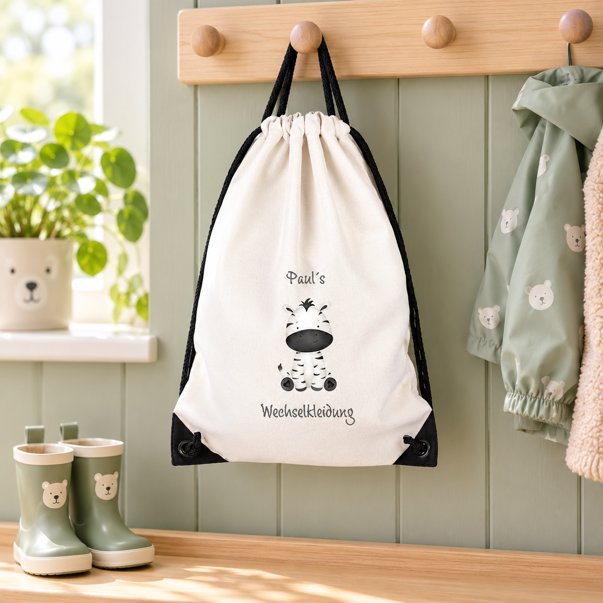 MUCKKI-PRO:b951289f3aedbdd7796a78327ce5ebdf3ab906a50416dbdb6778de9e7c902883:Turnbeutel für Kinder Wechselkleidung-Zebra 1  Personalisiert mit Namen inkl. schwarzem Kordelzugband