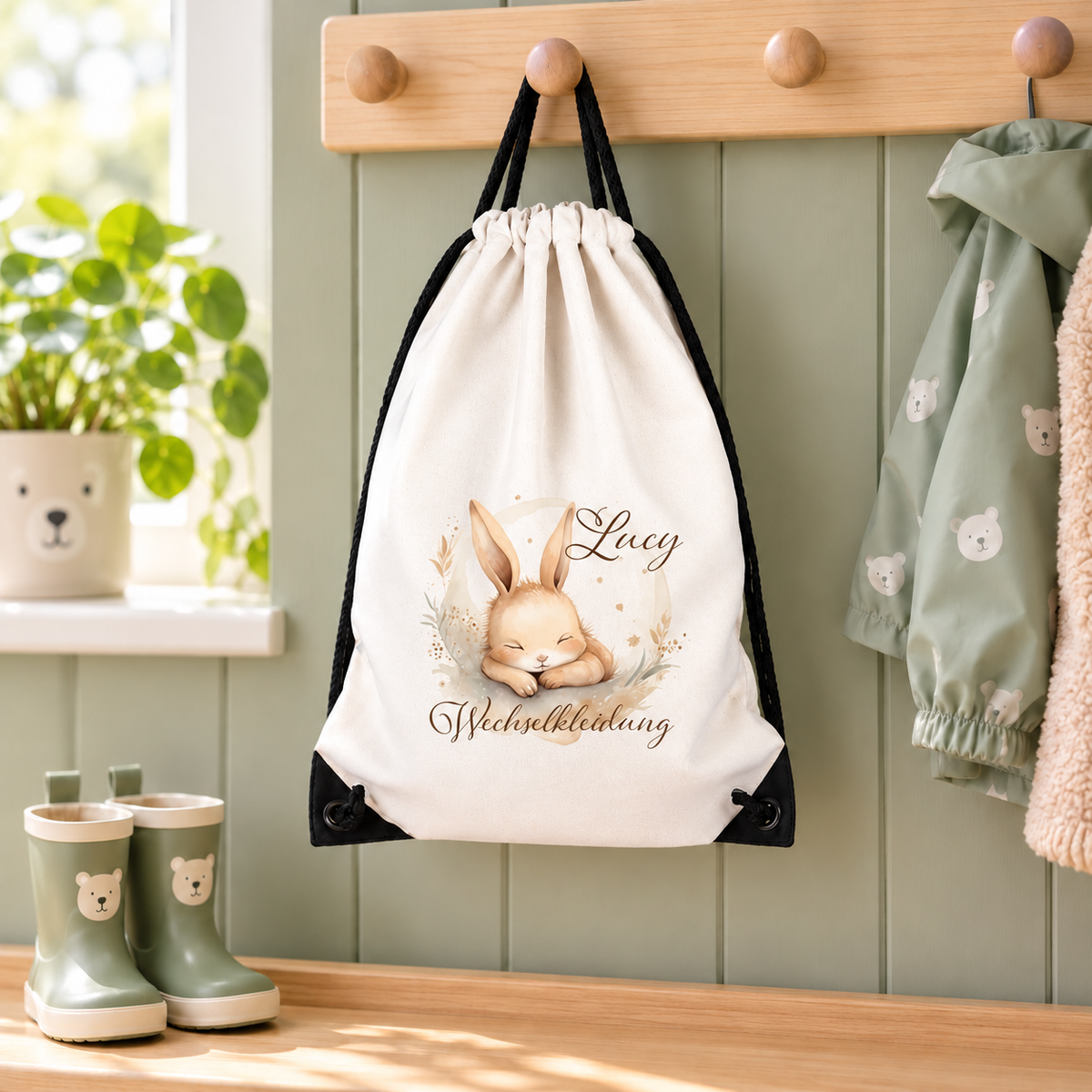 MUCKKI-PRO:dab4a627fa5b36038f767f7d6fa533228b316707a09a94fa0ad463aa375786bc:Turnbeutel für Kinder Wechselkleidung-Hase 1  Personalisiert mit Namen inkl. schwarzem Kordelzugband