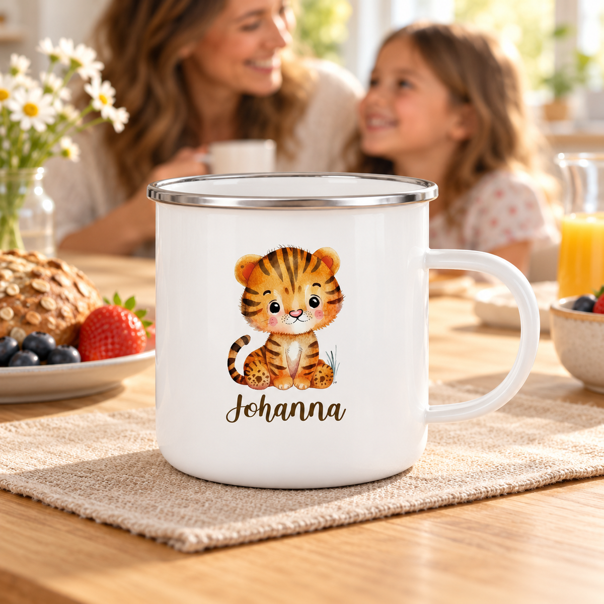 MUCKKI-PRO:3ee5e6129b8999e221f4e301a6f3a9c8ec9d1ab46a986367c63440310e0552b7:Tasse Wunschname Tiger 1 Emaille Kinderbecher