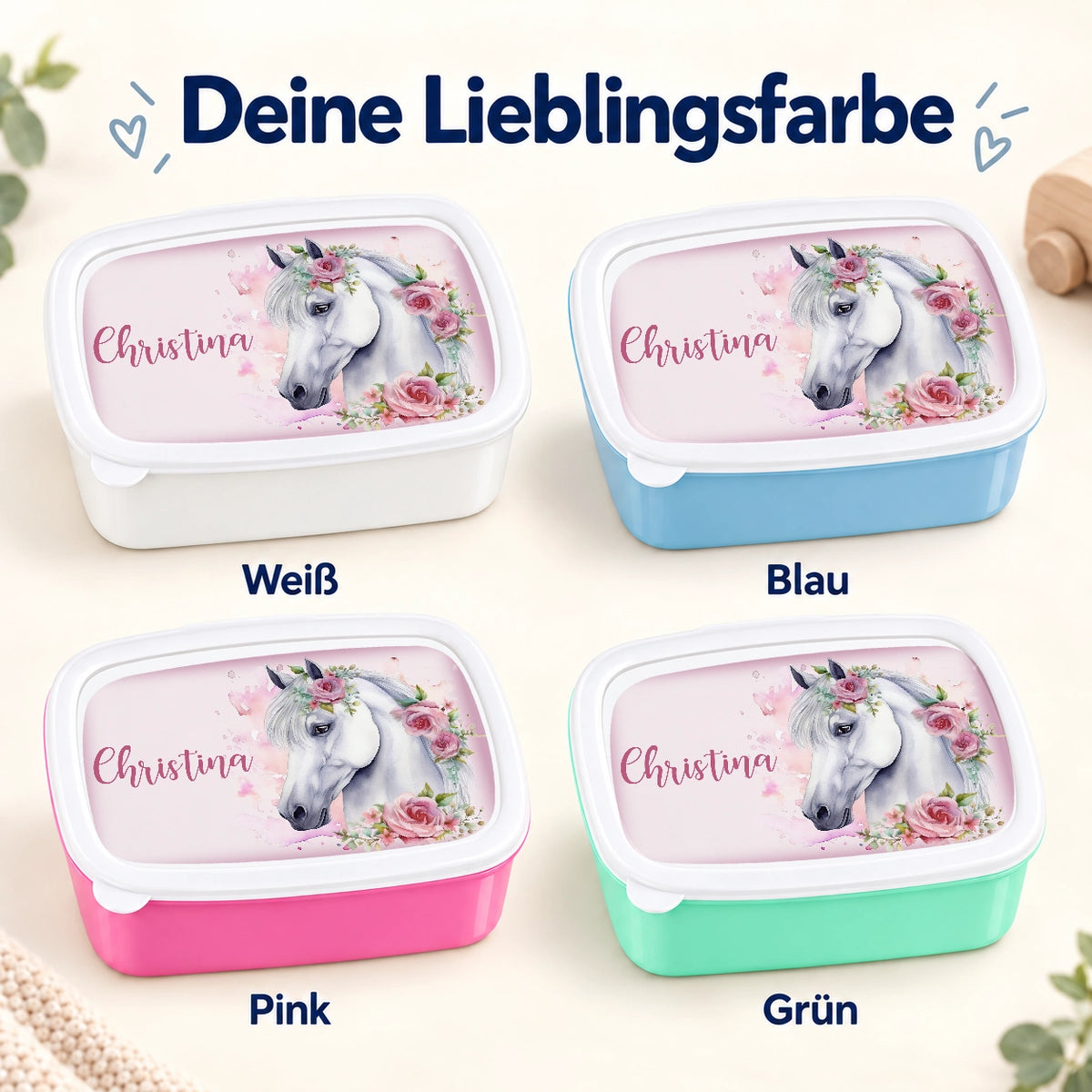 MUCKKI-PRO:70a154fd99558cabce87d339ae0a30cfe9b85662ad5f44b9ebda064077c1b9b1:Brotdose mit Namen Pferd 01 – Personalisierte Lunchbox für Schule & Kindergarten versch. Farben