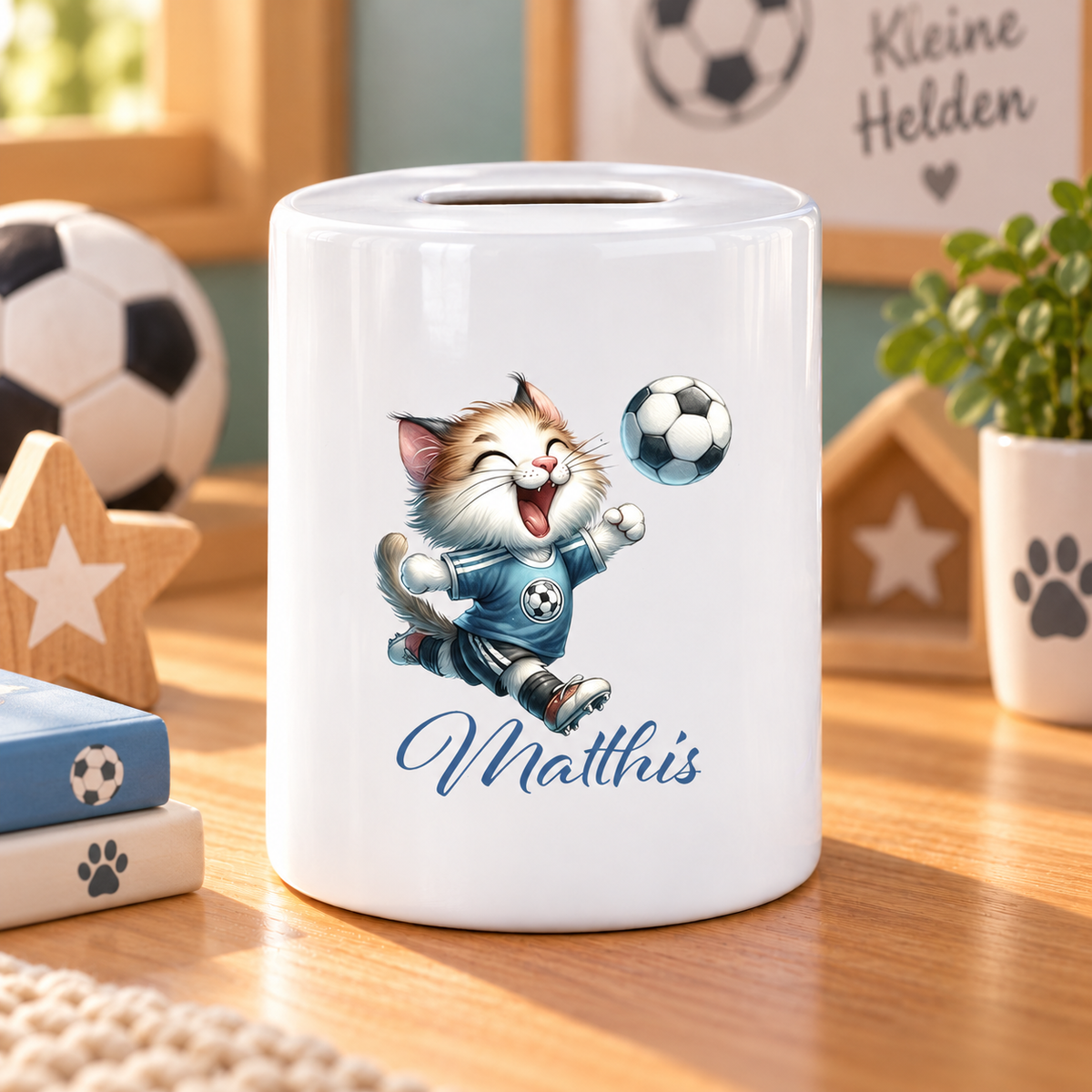 MUCKKI-PRO:be45a5158ddc02c26763cb2675037efc9d232fd89c8fd54f0f7993533b9a2c17:Spardose mit Wunschname Fußball  18 personalisiert