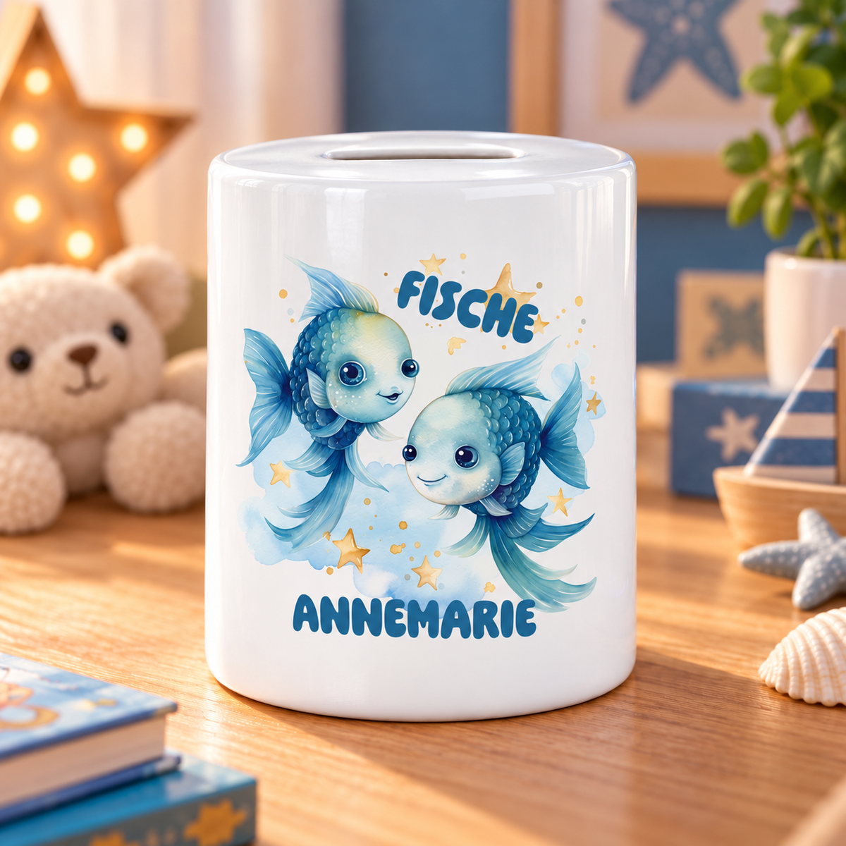 MUCKKI-PRO:36466ab727181b3517303df46979b486fadcc93755ccc2ea12206a319568f4bd:Spardose mit Wunschname Sternzeichen Fische 1 personalisiert