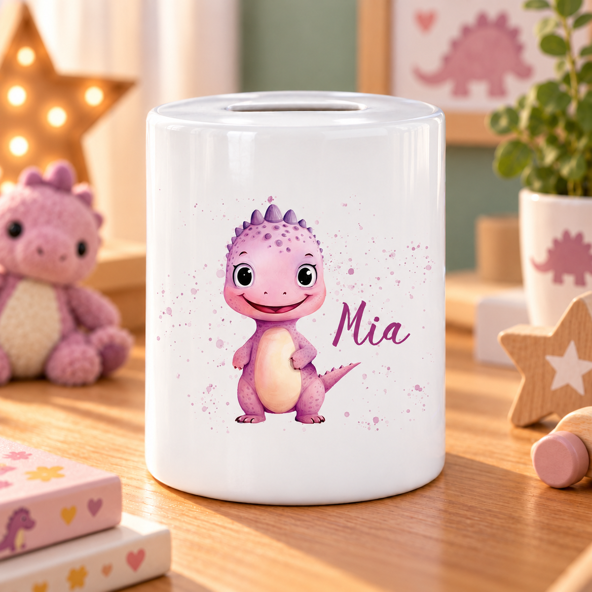 MUCKKI-PRO:31322d070fb2251aac7507c5319dd99299bece452dda827dbb886a9648931596:Spardose mit Wunschname Dino 20 personalisiert