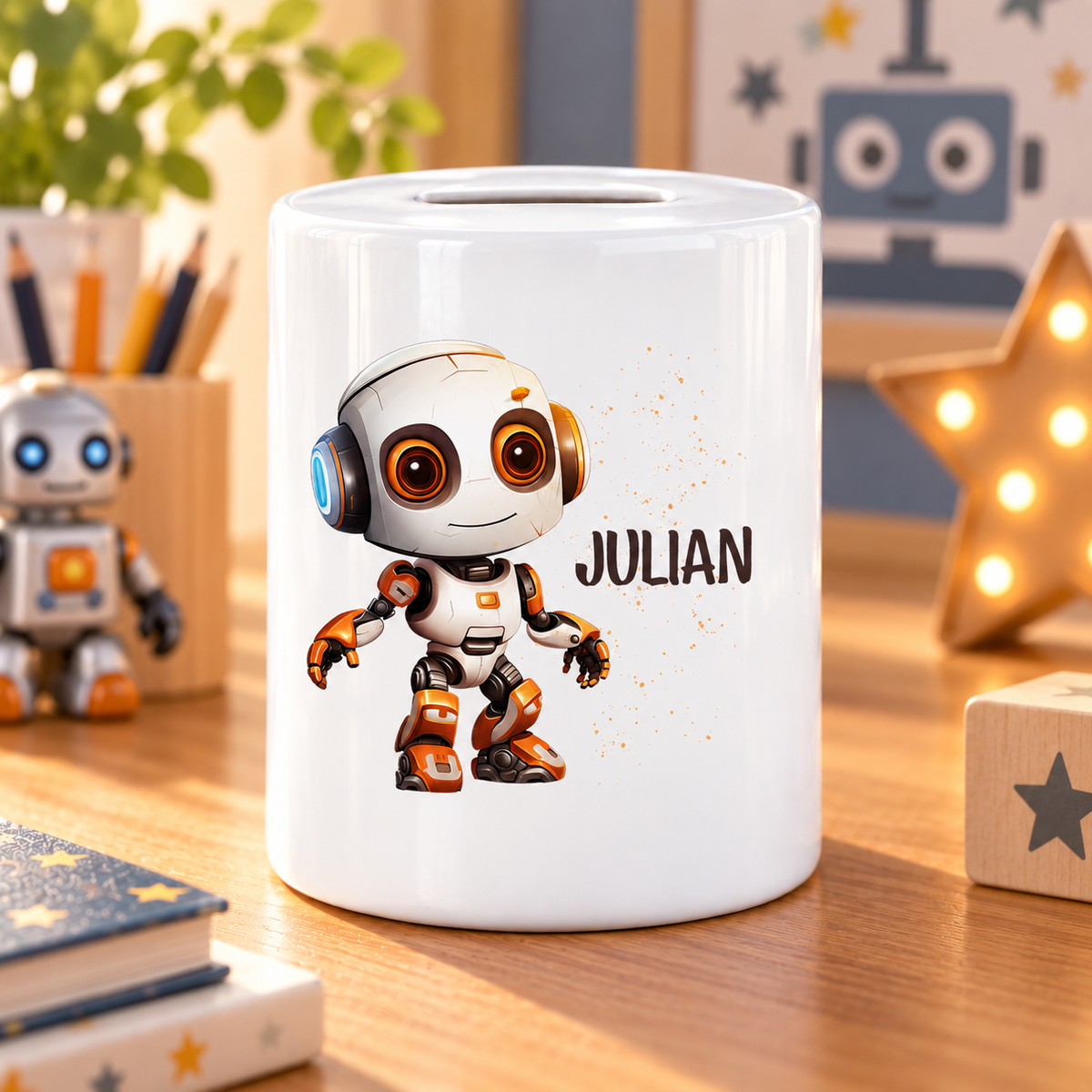 MUCKKI-PRO:74bef7e7b8f8824f2abaa4ebdc969705b4e0002f31394133c0ec4587e1dde8c3:Spardose mit Wunschname Roboter 3 personalisiert