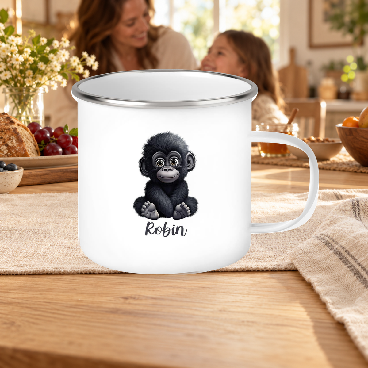 MUCKKI-PRO:ae632572f4862f35b5d55f42c80a65993d972dbb331b95548231815f3d6a52d4:Tasse Wunschname Gorilla 1 Emaille Kinderbecher