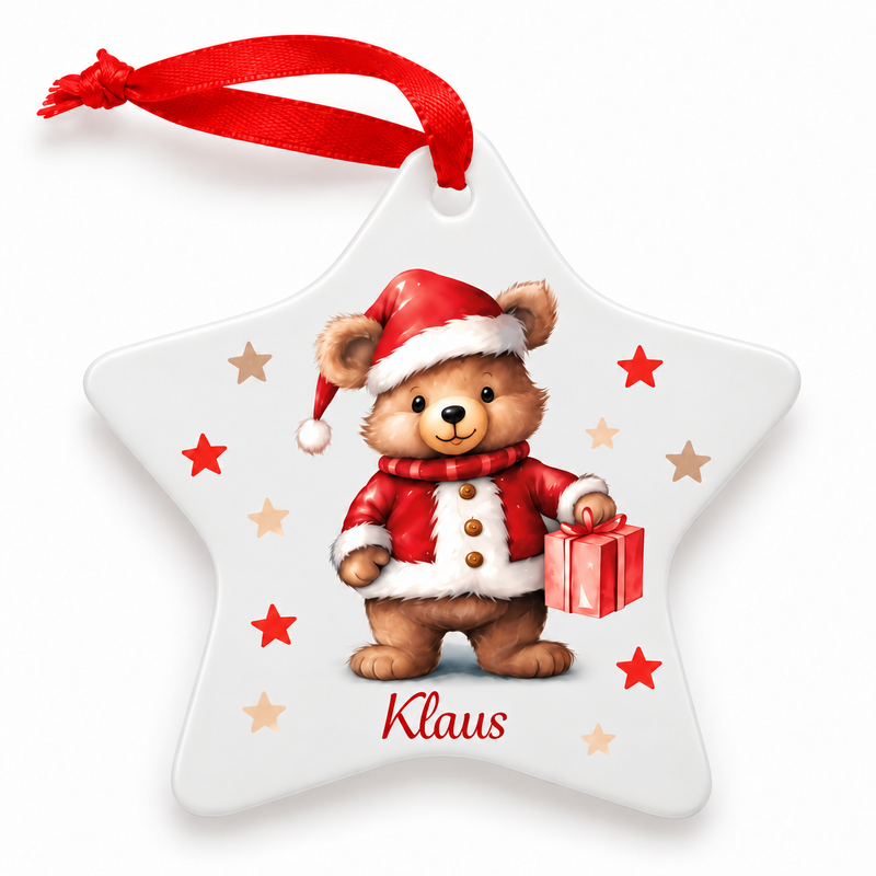 Weihnachtsanhänger personalisiert Teddy Sterne mit 1 Namen – Rund, Stern, Herz oder Glocke