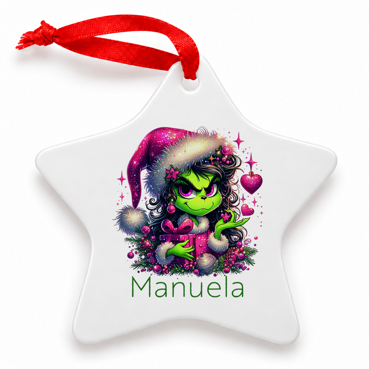 Weihnachtsanhänger personalisiert Lady-Grinch 2 mit Wunschnamen – Rund, Stern, Herz oder Glocke