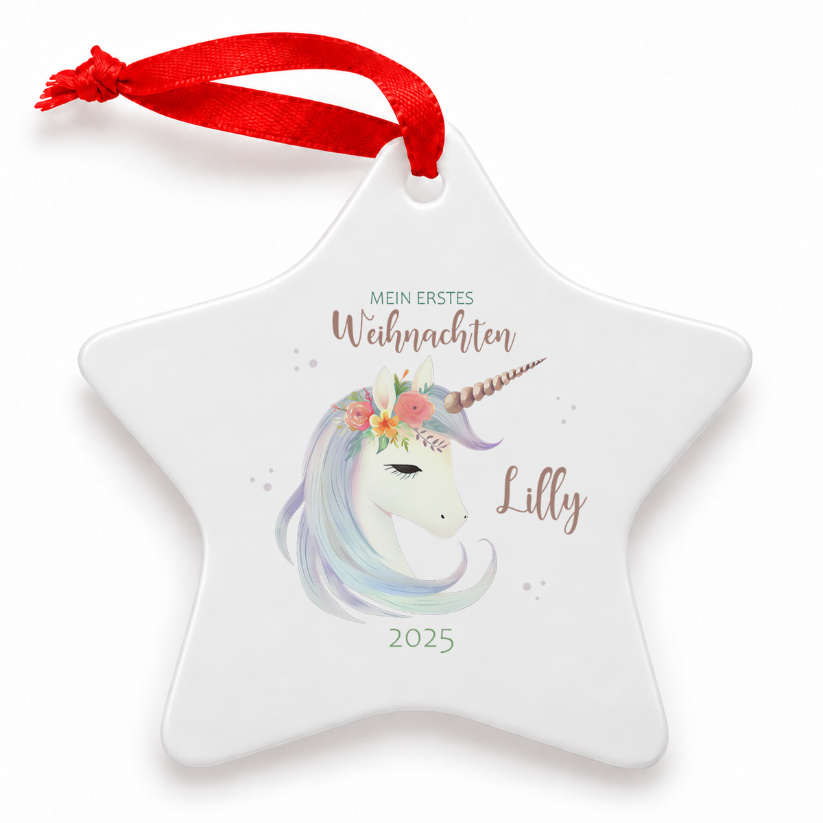 MUCKKI-PRO:53f485f80ce7c2ec03b8539a234c3eb76d98719938250707e4cd112b1e44f639:Weihnachtsanhänger personalisiert Einhorn 1 – mein erstes Weihnachten mit Wunschnamen – Rund, Stern, Herz oder Glocke