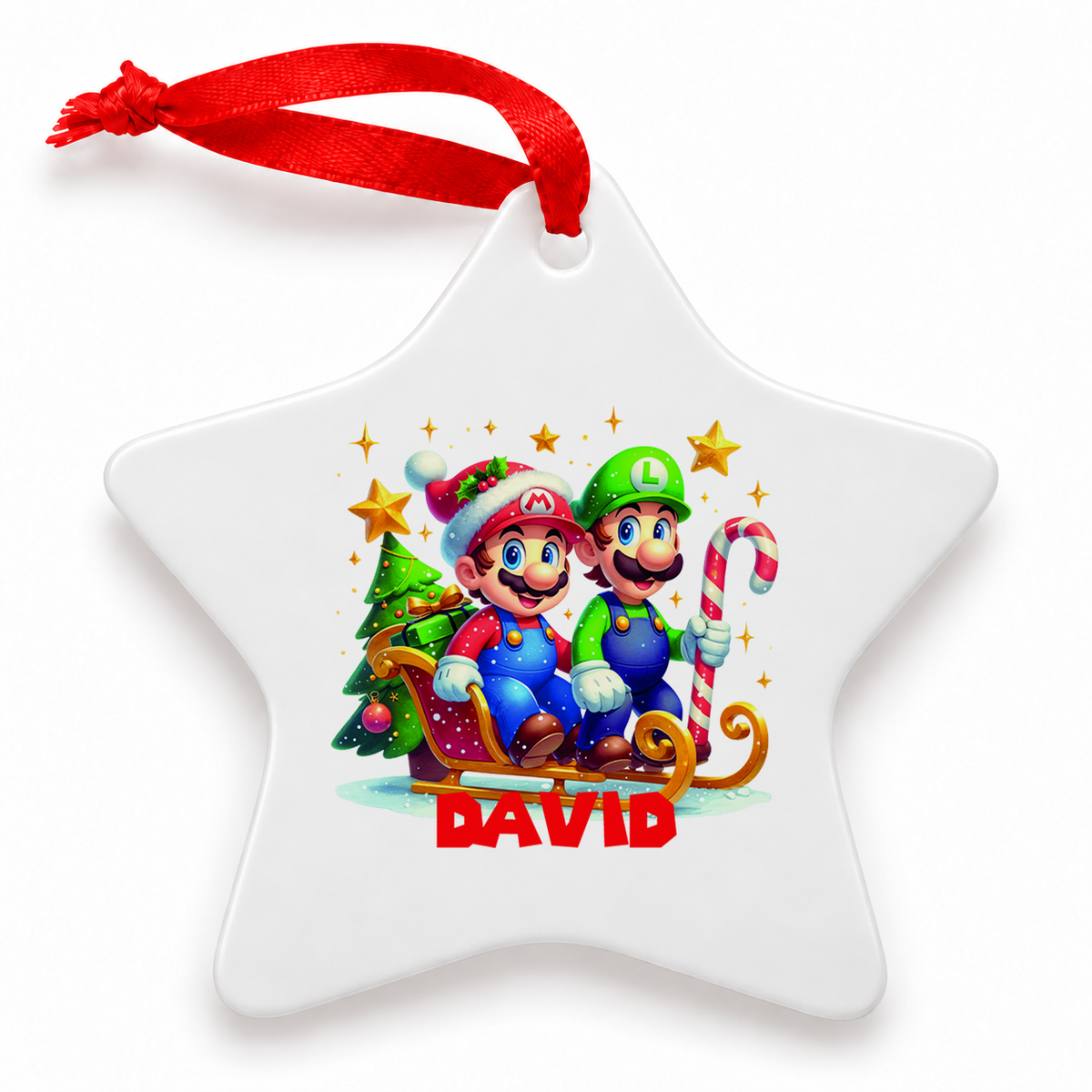 Weihnachtsanhänger personalisiert Super Mario mit Wunschnamen – Rund, Stern, Herz oder Glocke