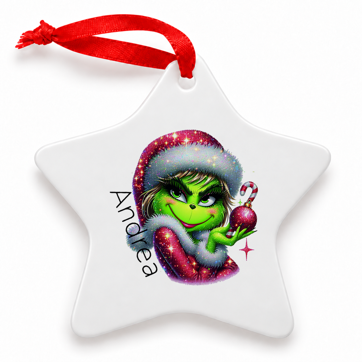 Weihnachtsanhänger personalisiert Lady-Grinch 3 mit Wunschnamen – Rund, Stern, Herz oder Glocke